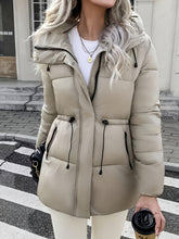 Cozy Quilted Ski Jacket for Women with Hooded Long Sleeve Drawstring Waist Zip Pocket Style