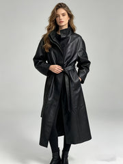 Effortless Black Faux Leather Trench Coat for Women with Stand Collar Long Sleeve Tie Belt Relaxed Style