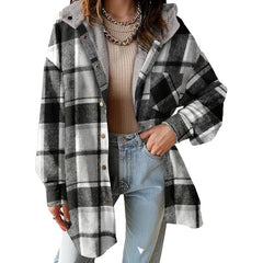 Cozy Plaid Shacket for Women with Hooded Collar Long Sleeve Sherpa Lined Flannel Oversized Style