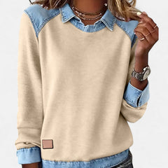 Effortless Denim Patchwork Sweatshirt for Women with Collared Raglan Long Sleeve Relaxed Casual Style