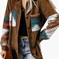 Effortless Brown Corduroy Shacket for Women with Spread Collar Long Sleeve Aztec Panel Oversized Style