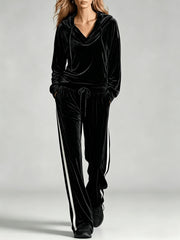 Cozy Velvet Sweatsuit for Women with Cowl Neck Long Sleeve Drawstring Side Stripe Relaxed Style