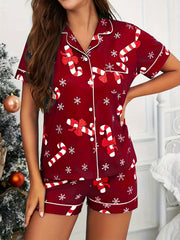 Cozy Candy Cane Print Christmas Holiday Pajamas for Women with Notch Collar Short Sleeve Two Piece Style