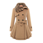 Elegant Winter Trench Coat for Women with Faux Fur Collar Long Sleeve Double Breasted Belted Peplum Style