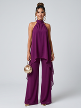Elegant Magenta Halter Two Piece Set for Women with High Neck Chiffon Wide Leg Pant Formal Style