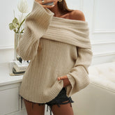 Comfortable Ribbed Knit Sweater for Women with Off Shoulder Foldover Collar Long Sleeve Oversized Relaxed Style