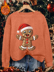 Comfortable Gingerbread Print Christmas Tacky Sweater for Women with Crew Neck Long Sleeve Sequin Graphic Pullover Style