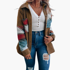 Effortless Brown Corduroy Shacket for Women with Spread Collar Long Sleeve Aztec Panel Oversized Style