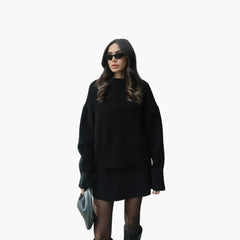 Chic Black Knit Two Piece Set for Women with Crew Neck Sweater High Waist Mini Skirt Lounge Style