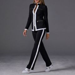 Stylish Two Piece Set for Women with Stand Collar Long Sleeve Zip Up Side Stripe Athleisure Style