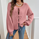 Cozy Knit Cardigan for Women with Round Neck Long Sleeve Tie Front Relaxed Style