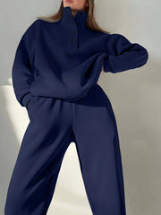 Comfortable Fleece Sweatsuit for Women with Mock Neck Snap Button Long Sleeve Oversized Two Piece Style