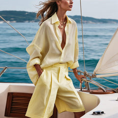 Effortless Linen Shirt Set for Women with Collar Long Sleeve Wide Leg Two Piece Style