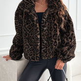 Cozy Leopard Print Flurry Coat for Women with Faux Fur Collar Long Sleeve Plush Warm Winter Style
