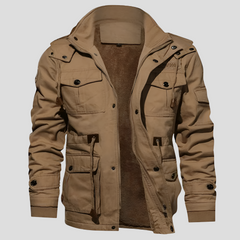 Cozy Hooded Field Jacket for Men with Drawcord Hood Long Sleeve Button Zip Cargo Pocket Style