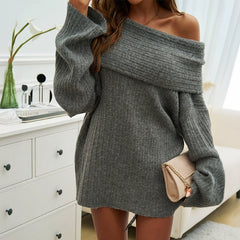 Comfortable Ribbed Knit Sweater for Women with Off Shoulder Foldover Collar Long Sleeve Oversized Relaxed Style