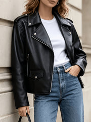 Edgy Black Faux Leather Moto Jacket for Women with Notched Lapel Asymmetrical Zip Ribbed Biker Style