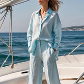 Effortless Linen Shirt Set for Women with Collar Long Sleeve Wide Leg Two Piece Style