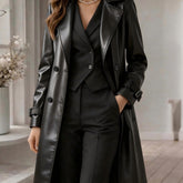 Elegant Black Faux Leather Trench Coat for Women with Notched Lapel Long Sleeve Double Breasted Belted Style