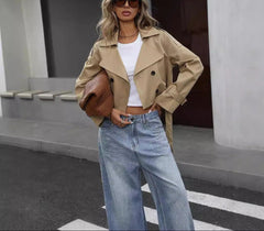 Effortless Khaki Cropped Trench Coat Jacket for Women with Notched Lapel Long Sleeve Double Breasted Style