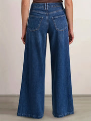 Effortless Blue Denim High Waisted Jeans for Women with Wide Leg Pintuck Seam Relaxed Style