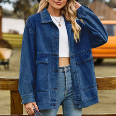 Effortless Denim Jacket for Women with Spread Collar Long Sleeve Button Front Washed Oversized Style