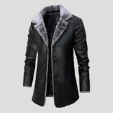 Rugged Faux Leather Trench Coat for Men with Notched Lapel Long Sleeve Button Front Belted Style