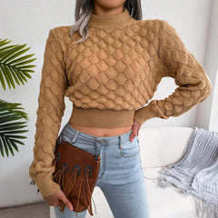 Cozy Cropped Mock Neck Sweater for Women with Long Sleeve Textured Knit Fitted Style