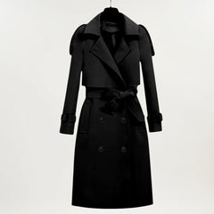 Elegant Longline Winter Trench Coat for Women with Lapel Collar Long Sleeve Belted Double Breasted Style