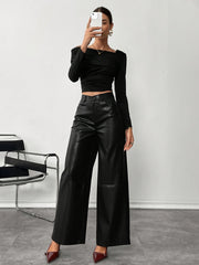 Chic Black Faux Leather Slacks for Women with High Waist Wide Leg Tailored Trouser Style