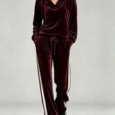 Cozy Velvet Sweatsuit for Women with Cowl Neck Long Sleeve Drawstring Side Stripe Relaxed Style