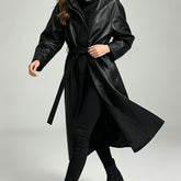 Effortless Black Faux Leather Trench Coat for Women with Stand Collar Long Sleeve Tie Belt Relaxed Style