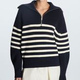 Cozy Striped Quarter-Zip Knit Sweater for Women with Funnel Collar Long Sleeve Ribbed Pullover Style