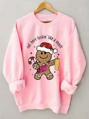 Comfortable Pink Gingerbread Christmas Tacky Sweater for Women with Crew Neck Long Sleeve Oversized Graphic Print Style