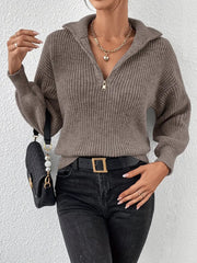 Cozy Quarter-Zip Knit Sweater for Women with Spread Collar Long Sleeve Lightweight Pullover Style