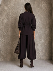 Elegant Dark Brown Two Piece Set for Women with V Neck Wrap Tie Waist Harem Pants Relaxed Style