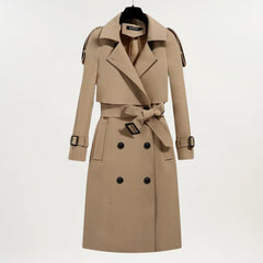 Elegant Longline Winter Trench Coat for Women with Lapel Collar Long Sleeve Belted Double Breasted Style