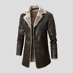 Rugged Faux Leather Trench Coat for Men with Notched Lapel Long Sleeve Button Front Belted Style