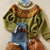 Cozy Green Fair Isle Knit Sweater for Women with Crew Neck Long Sleeve Nordic Pullover Winter Style
