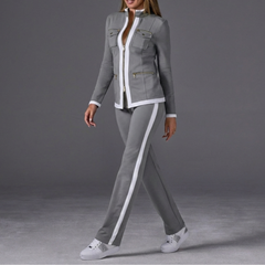 Stylish Two Piece Set for Women with Stand Collar Long Sleeve Zip Up Side Stripe Athleisure Style