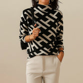 Elegant Mock Neck Sweater for Women with Long Sleeve Geometric Print Knit Relaxed Style