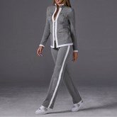 Stylish Two Piece Set for Women with Stand Collar Long Sleeve Zip Up Side Stripe Athleisure Style