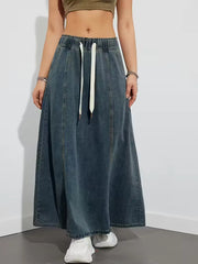 Effortless Denim Skirt for Women with High Waist Drawstring A Line Side Slit Style