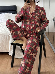 Cozy Bear Plaid Christmas Holiday Pajamas for Women with Notched Collar Long Sleeve Two Piece Style