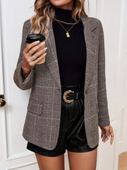 Elegant Brown Plaid Blazer for Women with Notched Lapel Long Sleeve Single Button Houndstooth Style