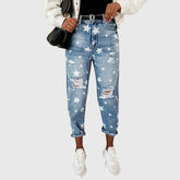 Effortless Blue Star Print Jeans for Women with High Waisted Distressed Baggy Relaxed Casual Style