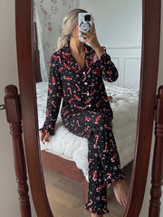 Cozy Black Candy Cane Print Christmas Pajamas for Women with Notch Collar Long Sleeve Ruffle Trim Relaxed Style