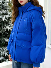 Cozy Blue Puffer Ski Jacket for Women with Hooded Long Sleeve Oversized Flap Pocket Casual Style