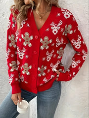 Cozy Red Sequin Christmas Sweater for Women with V Neck Long Sleeve Button Front Cardigan Style