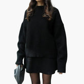Chic Black Knit Two Piece Set for Women with Crew Neck Sweater High Waist Mini Skirt Lounge Style